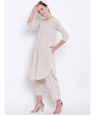 Beige Khadi Lace Kurta- Ruffled Pant 2