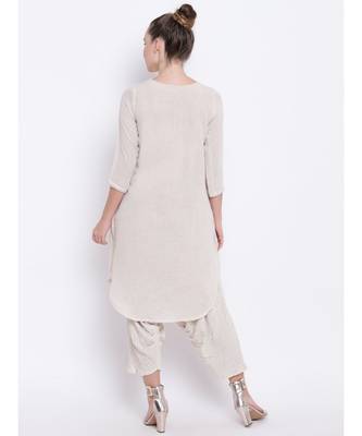 Beige Khadi Lace Kurta- Ruffled Pant 3