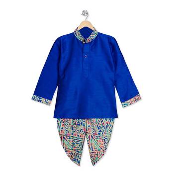 blue printed dupion silk stitched boys dhoti kurta 1