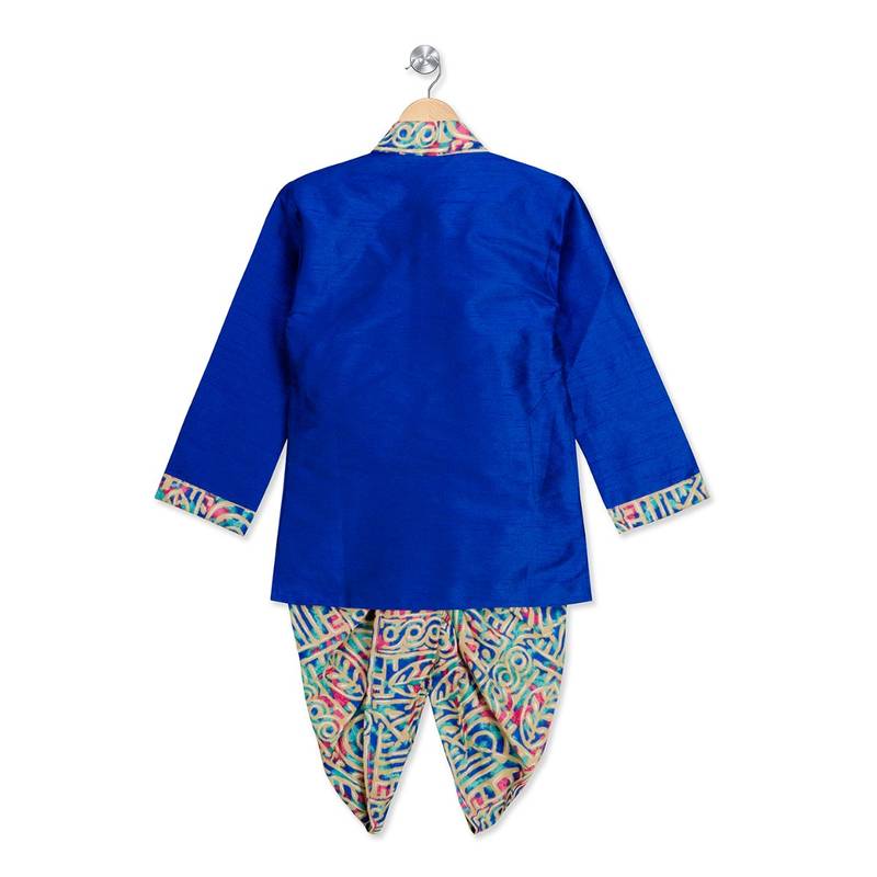 blue printed dupion silk stitched boys dhoti kurta