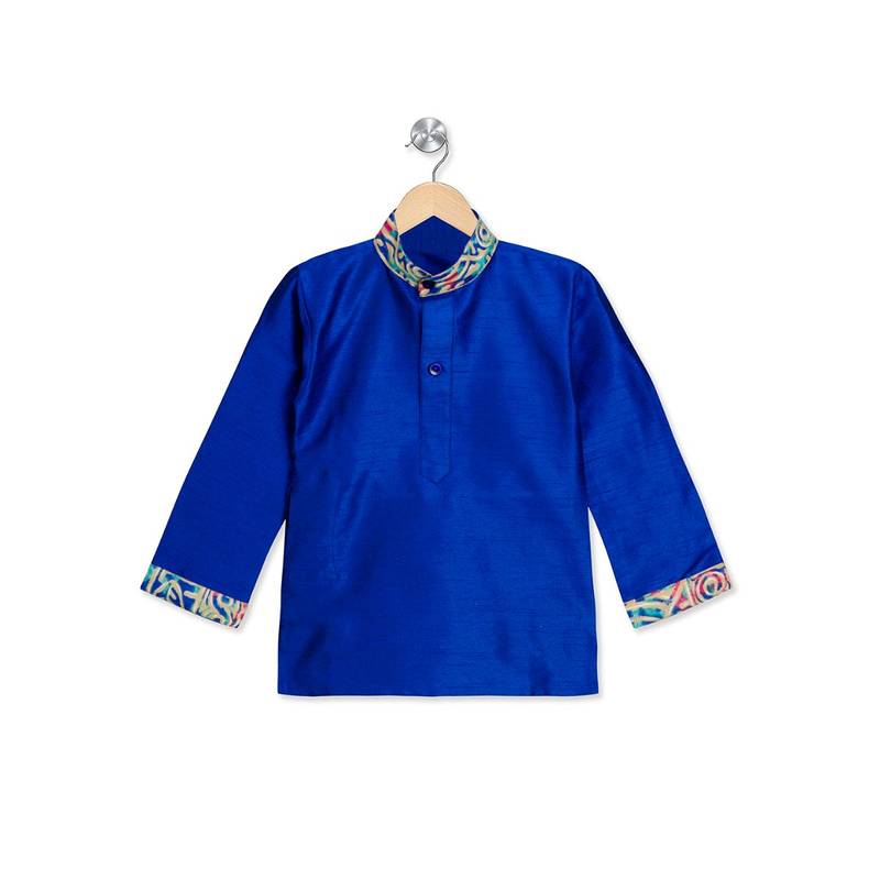 blue printed dupion silk stitched boys dhoti kurta