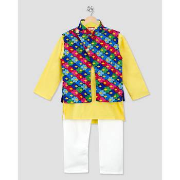 yellow printed cotton stitched boys kurta pyjama 1