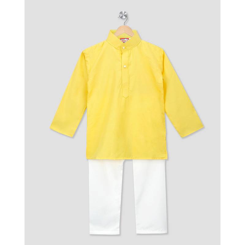 yellow printed cotton stitched boys kurta pyjama