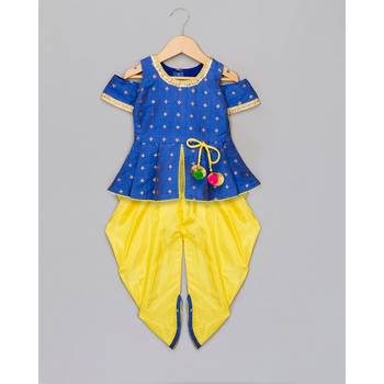 blue woven taffeta top with dhoti for girls 1