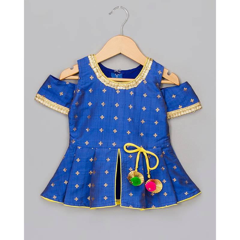 blue woven taffeta top with dhoti for girls