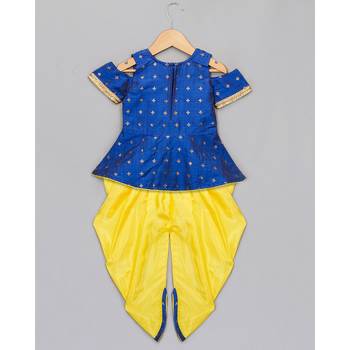 blue woven taffeta top with dhoti for girls 3