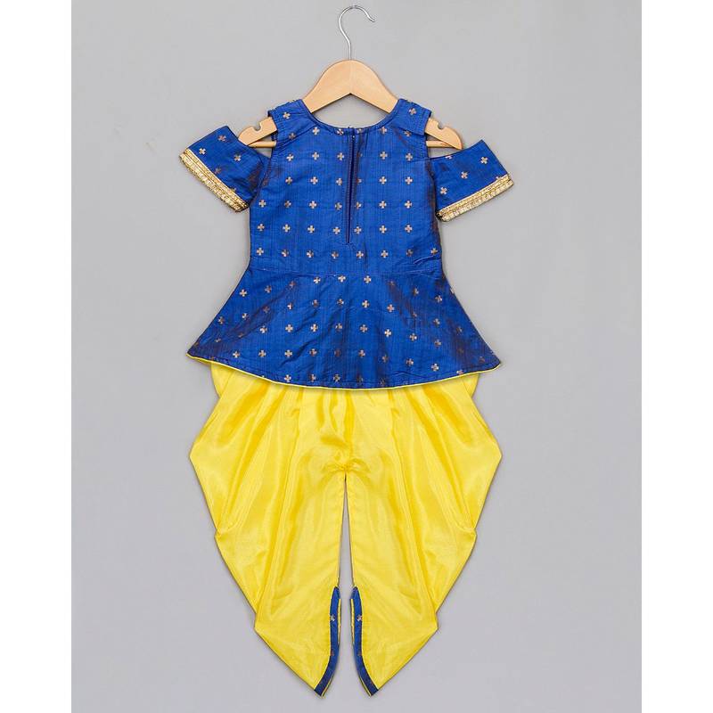 blue woven taffeta top with dhoti for girls