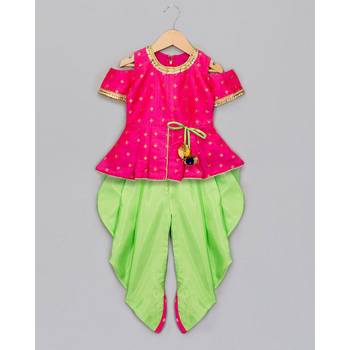 pink woven taffeta top with dhoti for girls 1