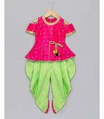 pink woven taffeta top with dhoti for girls