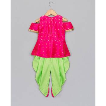 pink woven taffeta top with dhoti for girls 2