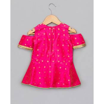 pink woven taffeta top with dhoti for girls 3