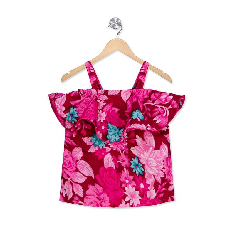 pink printed crepe stitched kids tops
