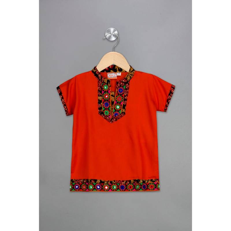 orange embroidered cotton stitched kids tops