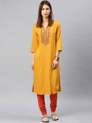 Mustard embroidered rayon kurta 1