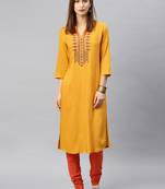 Mustard embroidered rayon kurta
