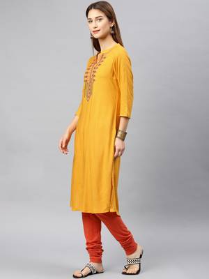 Mustard embroidered rayon kurta 3