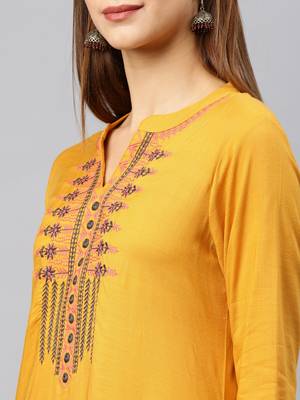 Mustard embroidered rayon kurta 4