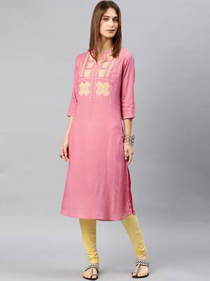 Pink embroidered rayon kurta 2