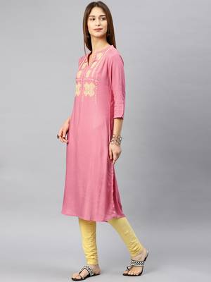 Pink embroidered rayon kurta 3