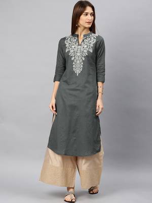 Grey embroidered cotton kurta 2