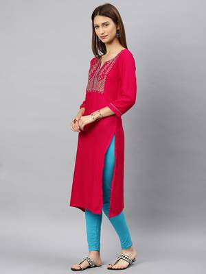 Pink embroidered rayon kurta 3