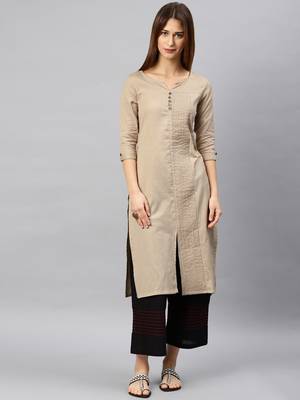 Beige plain cotton kurta 2