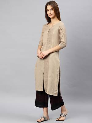 Beige plain cotton kurta 3