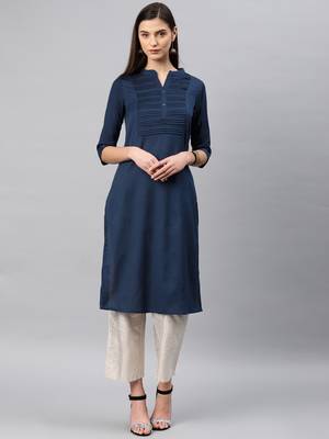 Navy-blue plain cotton kurta 2
