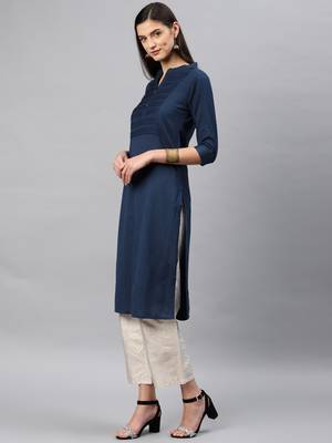 Navy-blue plain cotton kurta 3