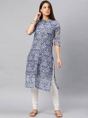 Navy-blue printed chanderi kurta 1