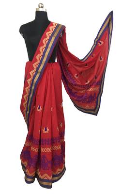 Red Embroidered Cotton Silk Saree With Blouse 2