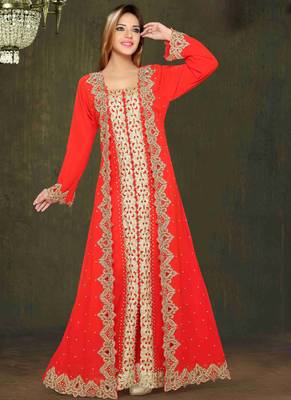 Red embroidered georgette islamic kaftans With Sun-proof hijab 1