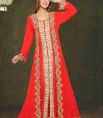 Red embroidered georgette islamic kaftans With Sun-proof hijab.