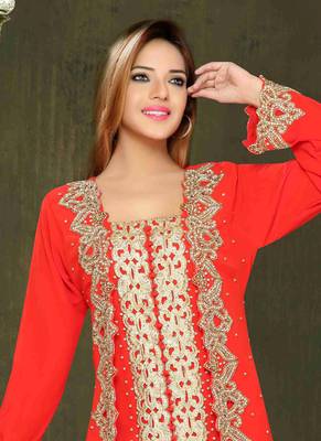 Red embroidered georgette islamic kaftans With Sun-proof hijab 2