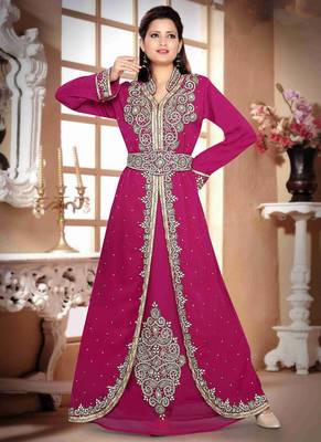 pink embroidered georgette islamic kaftan With Sun-proof hijab 1