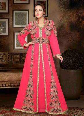 Peach embroidered georgette islamic kaftan 1