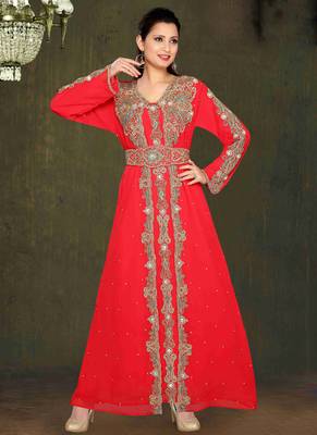 Red embroidered georgette islamic kaftans With Sun-proof hijab 1
