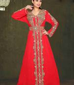 Red embroidered georgette islamic kaftans With Sun-proof hijab.