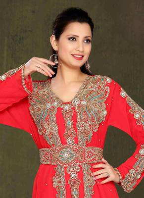 Red embroidered georgette islamic kaftans With Sun-proof hijab 2