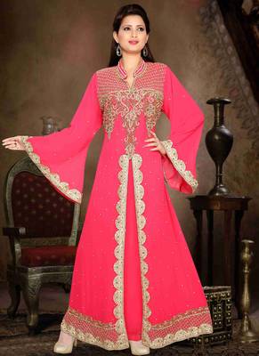 Peach embroidered georgette islamic kaftan 1