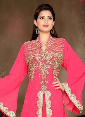 Peach embroidered georgette islamic kaftan 2
