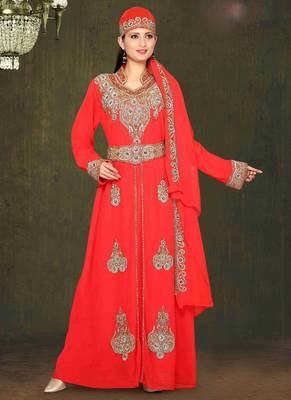 Red embroidered georgette islamic kaftan 1