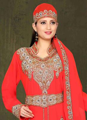 Red embroidered georgette islamic kaftan 2