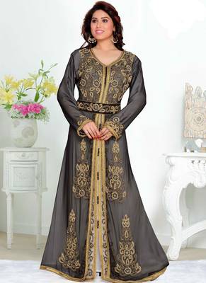Black embroidered georgette islamic kaftans With Sun-proof hijab 1
