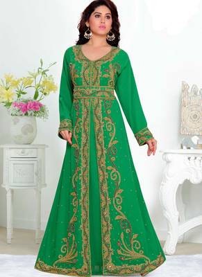 Green embroidered georgette islamic kaftans With Sun-proof hijab 1