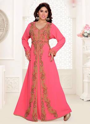 Peach embroidered georgette islamic kaftan 1