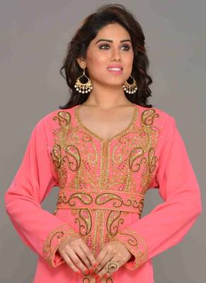 Peach embroidered georgette islamic kaftan 2