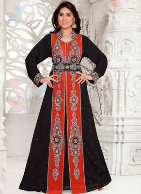 Black embroidered georgette islamic kaftans With Sun-proof hijab 1