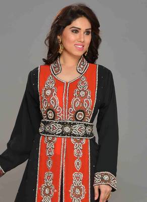 Black embroidered georgette islamic kaftans With Sun-proof hijab 2