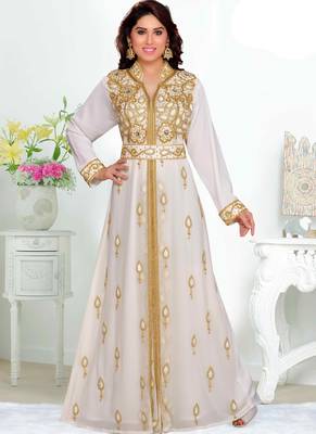 White embroidered georgette islamic kaftans With Sun-proof hijab 1